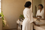 A Black woman in a cream robe washes at a stone basin, looking at her reflection in the mirror with a calm, tender expression — warm natural light.